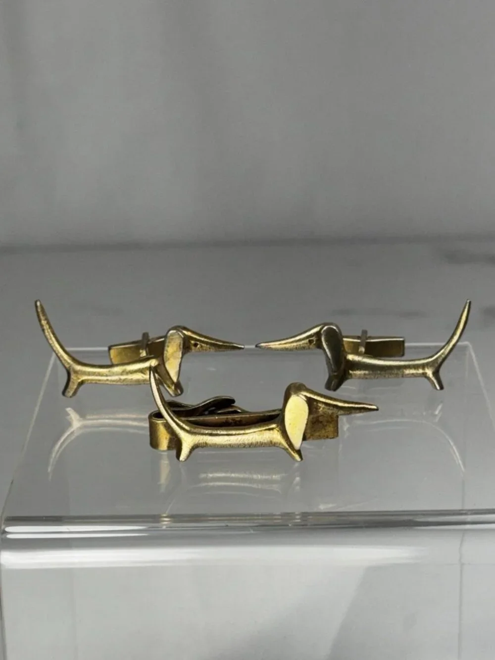 Austria Dachshund Cufflinks Tie Clip Set Wiener Dog Mid Century Brass
